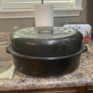 VTG Metal Double Roasting Pan Blue‎ Speckled Enamel Rectangle Roaster 17.75x12.5